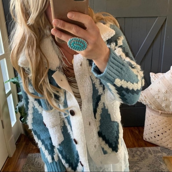 New Quilted Cardigan Sweater Coat / Women's Shacket Blue Western Boho Jacket - Picture 3 of 7